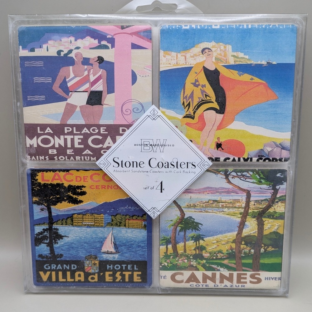 Boston Warehouse Art Deco Europe Travel Scene Stone Coaster Cork Back - Set of 4